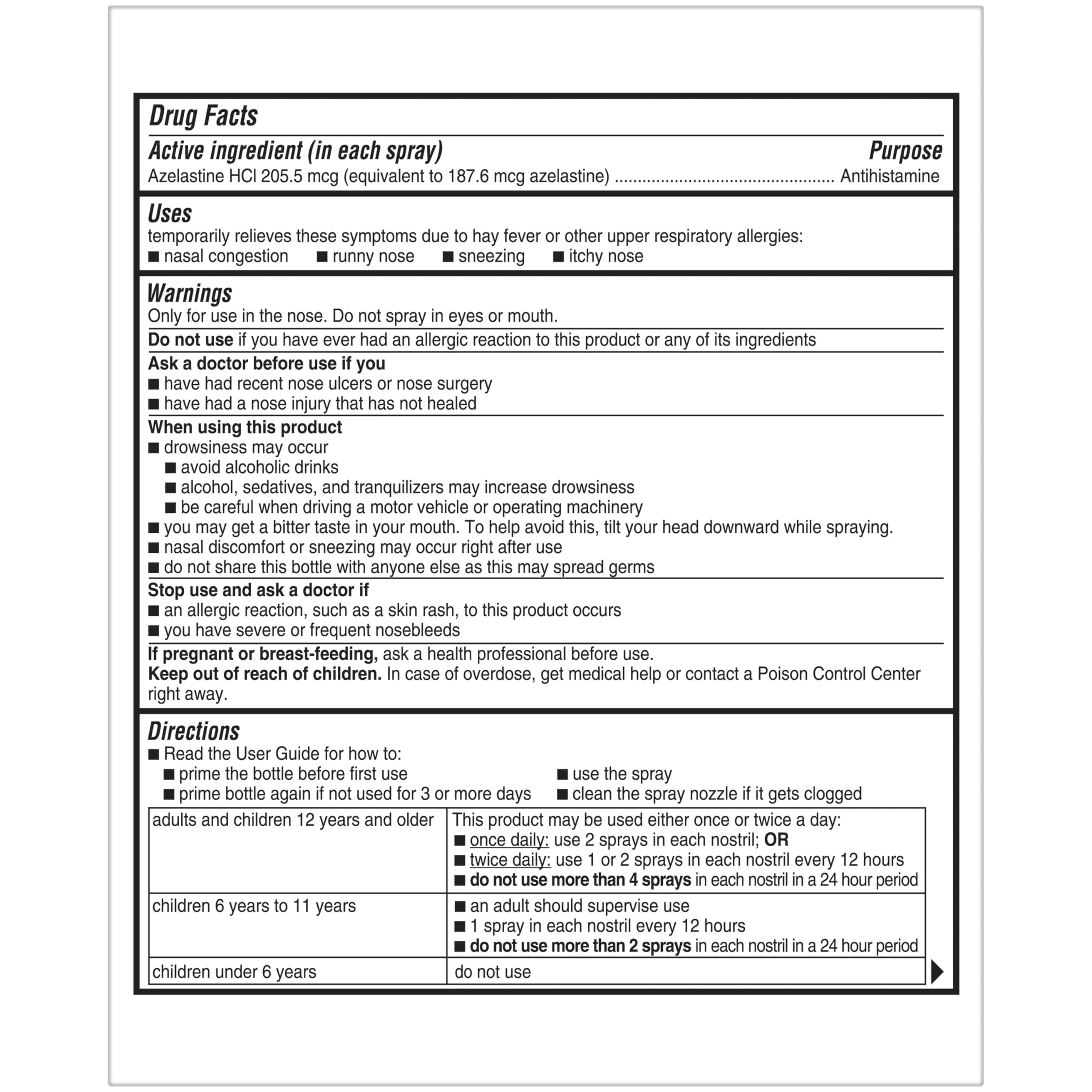 Astepro Nasal Spray, 24-Hour Allergy Relief, Steroid-Free Antihistamine, Nasal Congestion, Runny & Itchy Nose, For Adults and Children 6 Years and Older, 200 Metered Sprays (1 Bottle)